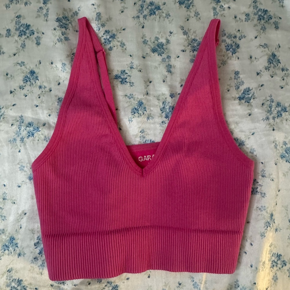 Garage Ribbed Deep V Crop Tank - Hot Pink